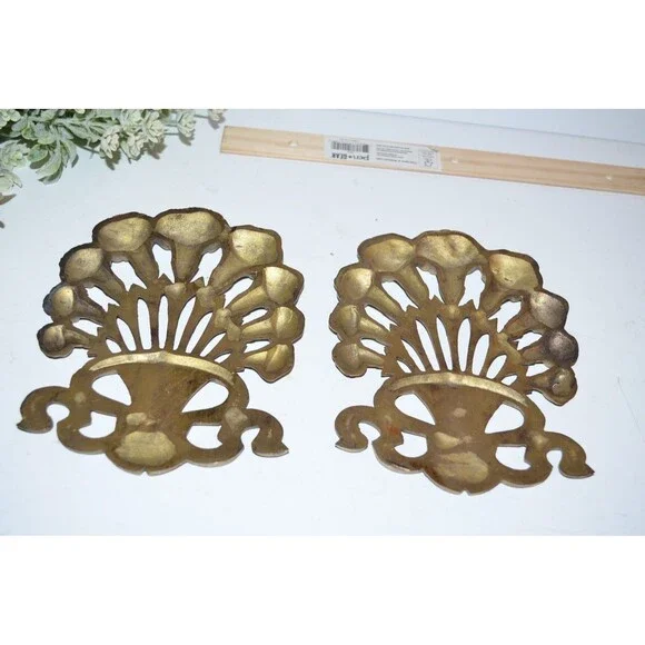 Vtg Art Nouveau Morning Glory Brass Wall Floral Ribbon French Style 2 pc pair Decor